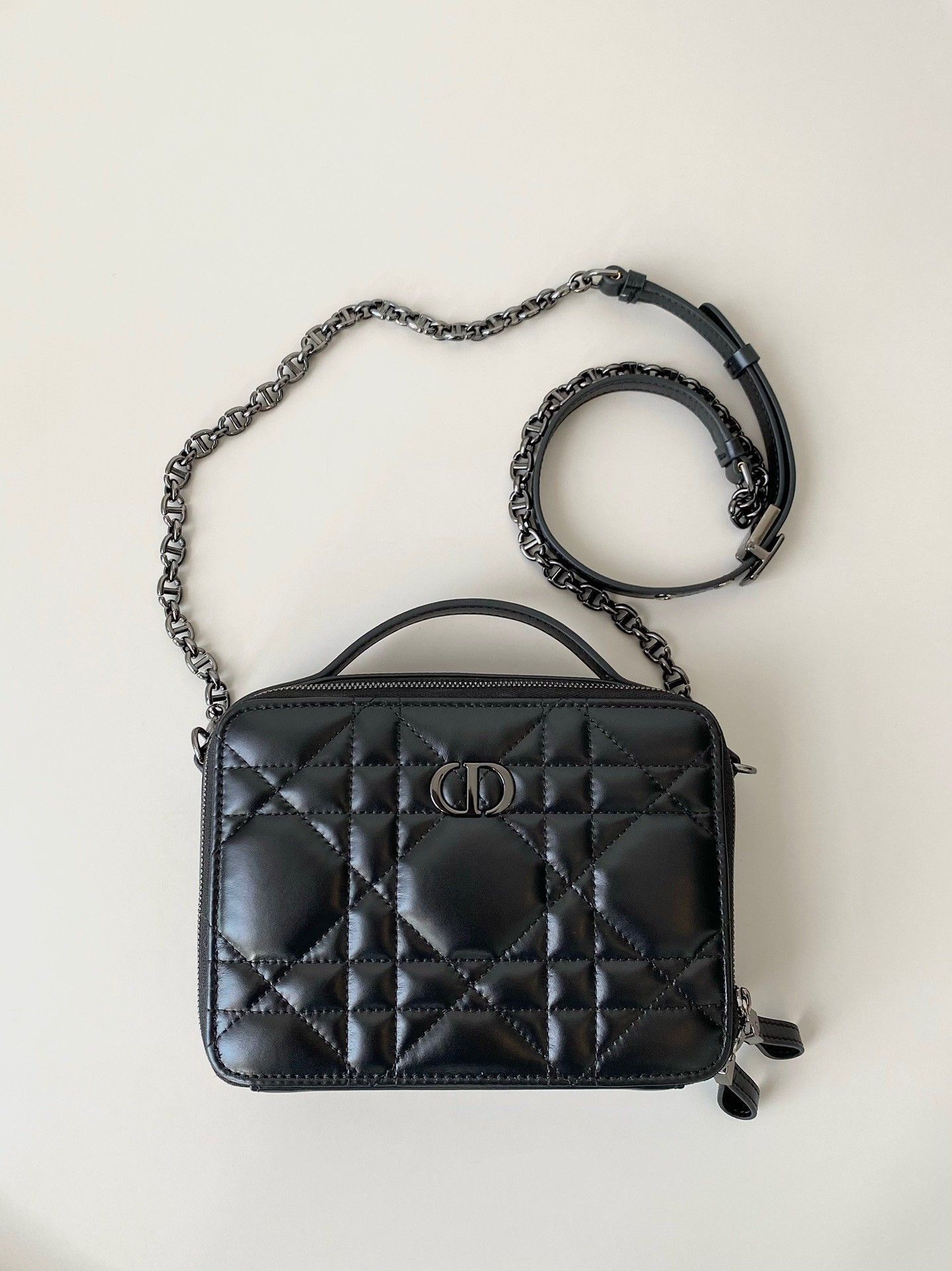 Dior Caro Box Bag with Chain in Black Macrocannage Calfskin