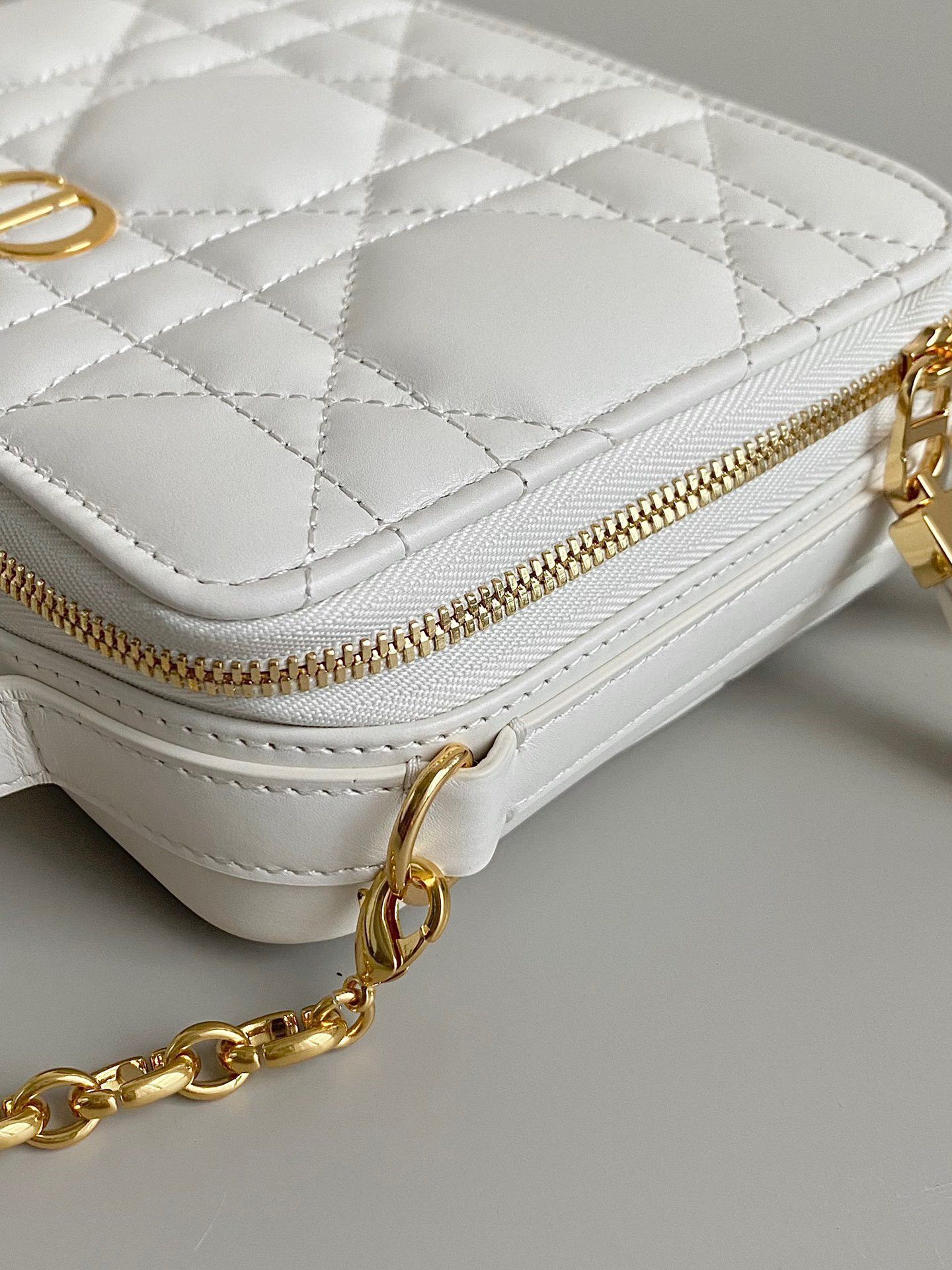 Dior Caro Box Bag with Chain in White Macrocannage Calfskin