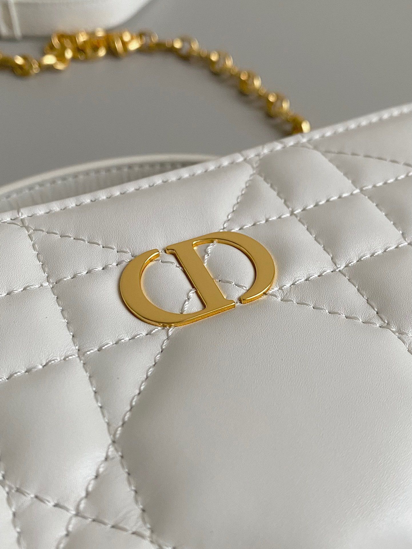 Dior Caro Box Bag with Chain in White Macrocannage Calfskin