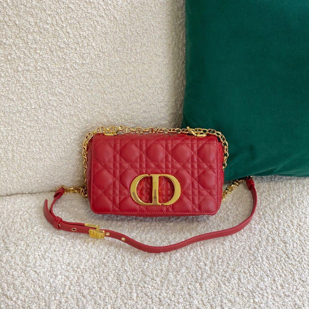 Dior Caro Small Bag In Red Cannage Calfskin