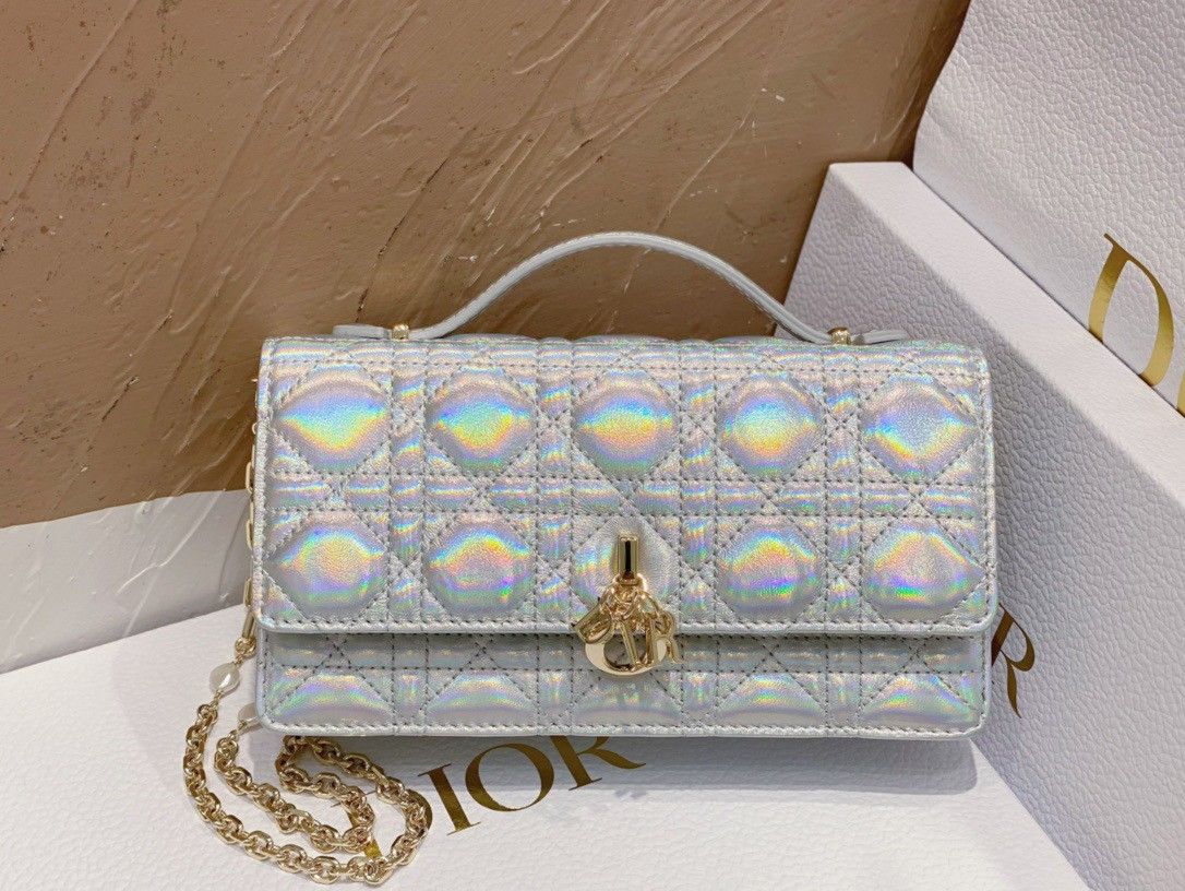 Dior Miss Dior Mini Bag In Iridescent Metallic Silver Lambskin