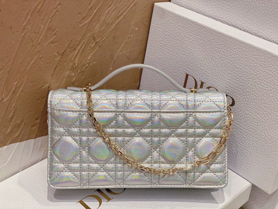 Dior Miss Dior Mini Bag In Iridescent Metallic Silver Lambskin