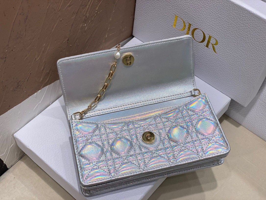 Dior Miss Dior Mini Bag In Iridescent Metallic Silver Lambskin