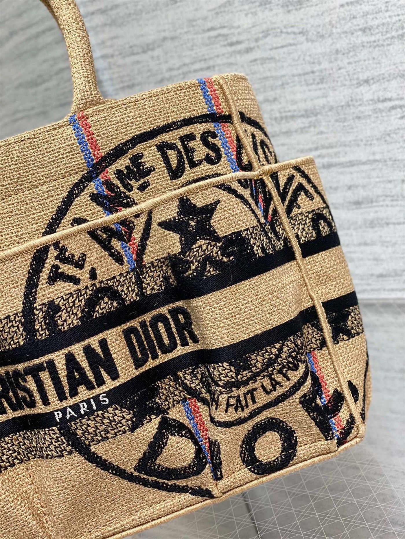 Dior Small Catherine Tote Bag In Beige Jute Canvas with Union Motif