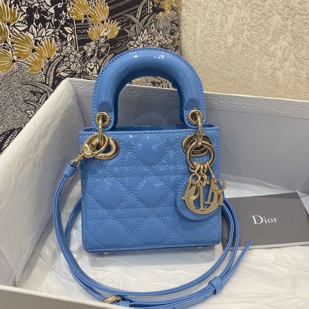 Dior Lady Dior Micro Bag In Blue Patent Cannage Calfskin