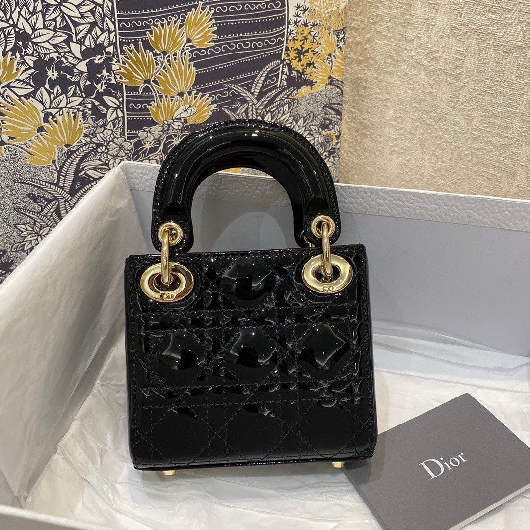 Dior Lady Dior Micro Bag In Black Patent Cannage Calfskin