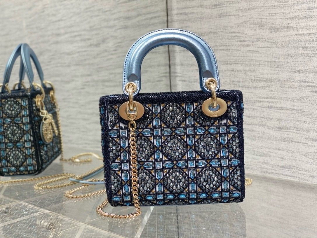 Dior Lady Dior Mini Chain Bag in Satin with Blue Bead Embroidery