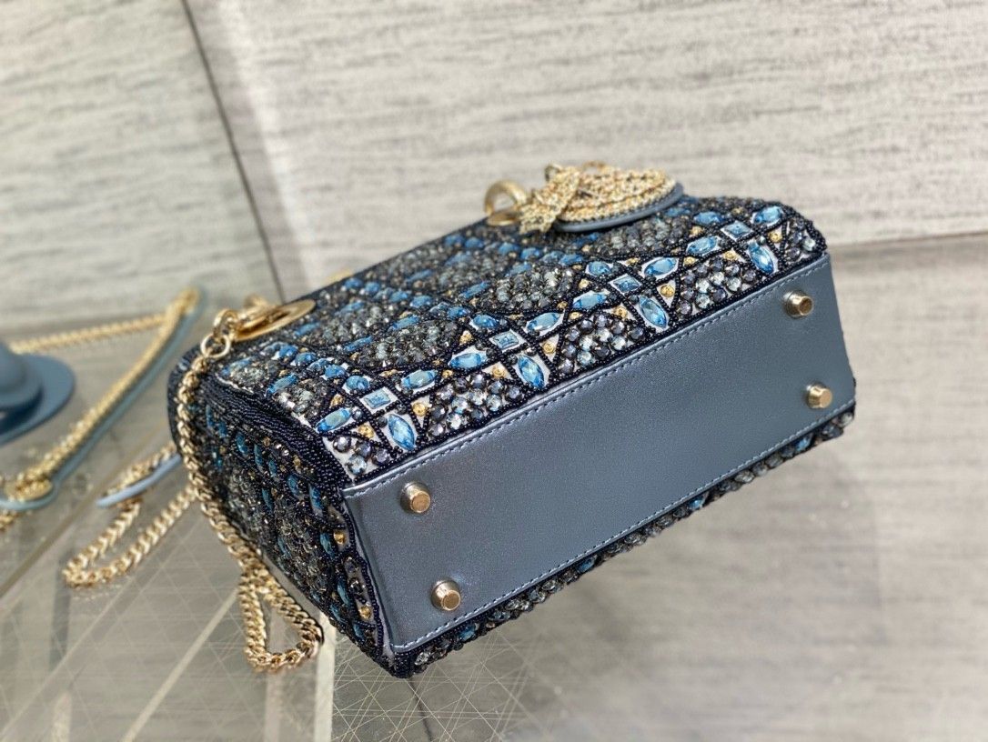 Dior Lady Dior Mini Chain Bag in Satin with Blue Bead Embroidery