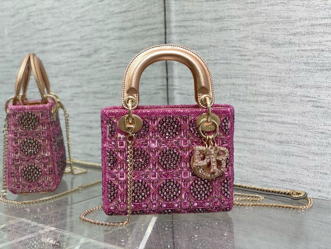 Dior Lady Dior Mini Chain Bag in Satin with Pink Resin Pearl Embroidery