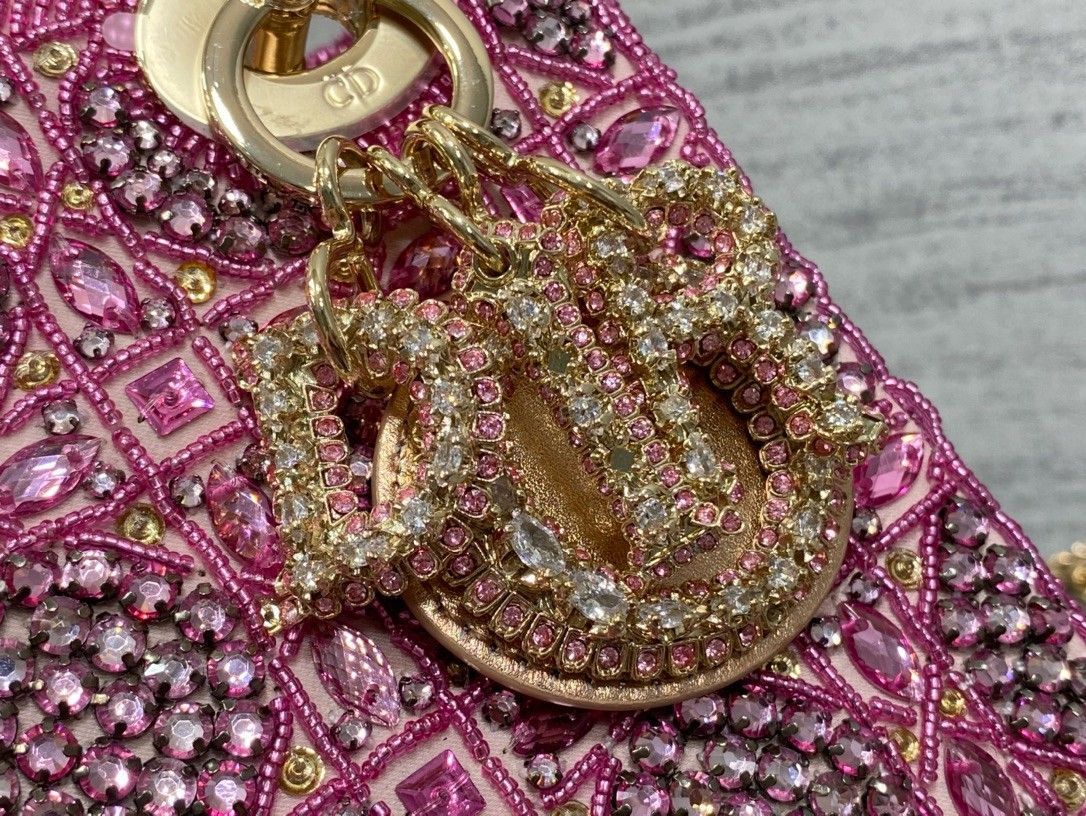 Dior Lady Dior Mini Chain Bag in Satin with Pink Resin Pearl Embroidery