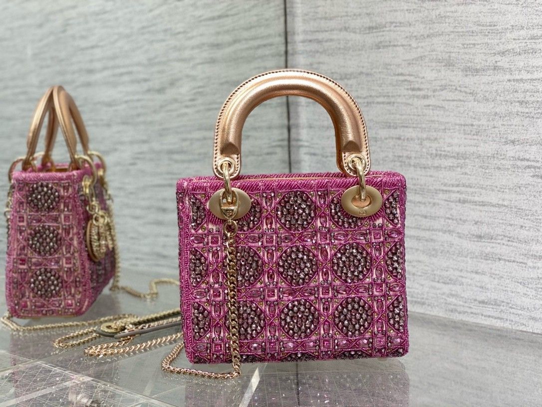 Dior Lady Dior Mini Chain Bag in Satin with Pink Resin Pearl Embroidery