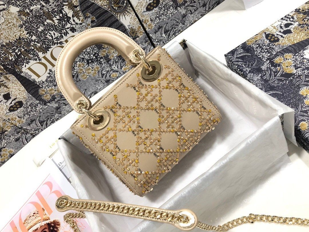 Dior Lady Dior Mini Bag In Metallic Lambskin with Beaded Embroidery