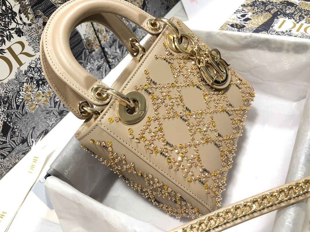 Dior Lady Dior Mini Bag In Metallic Lambskin with Beaded Embroidery