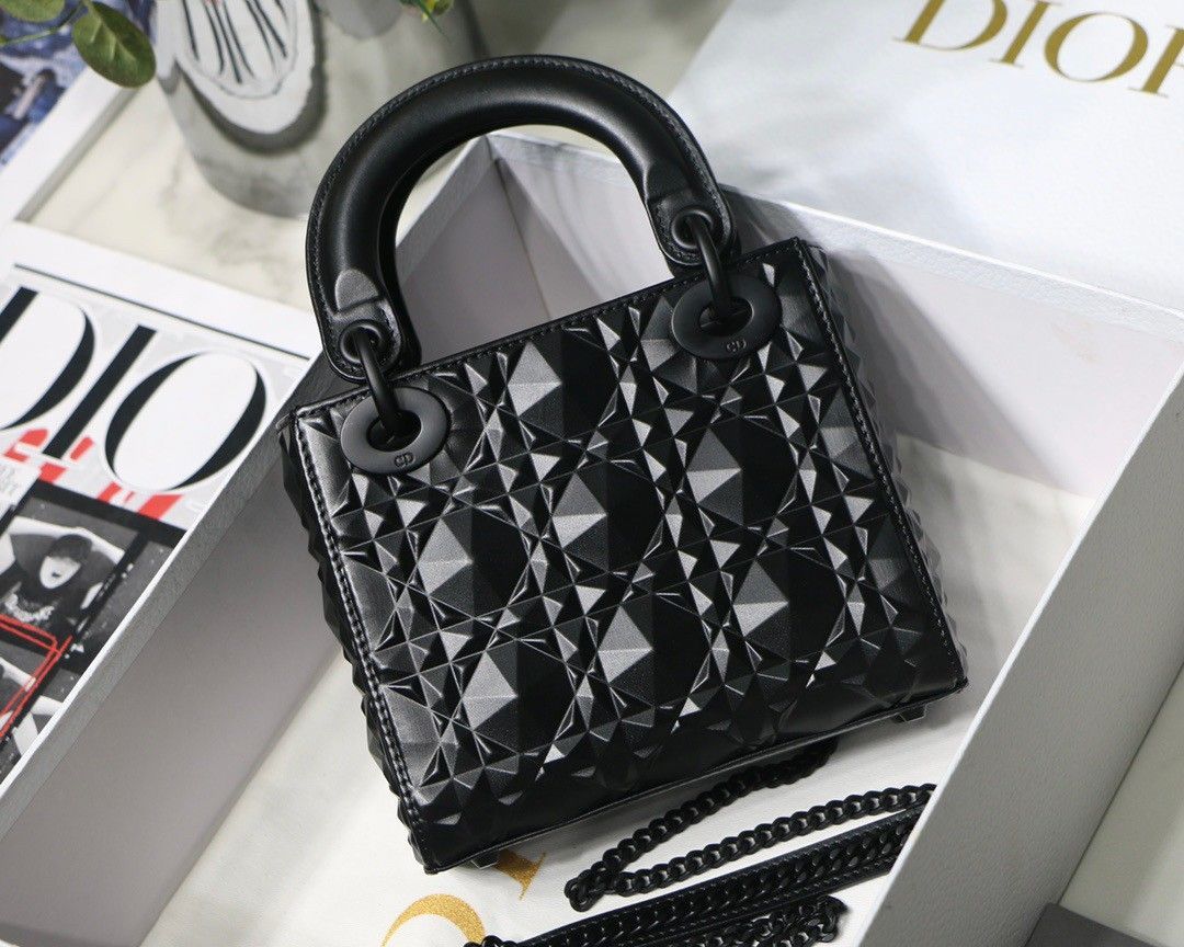 Dior Lady Dior Mini Bag In Black Calfskin with Diamond Motif