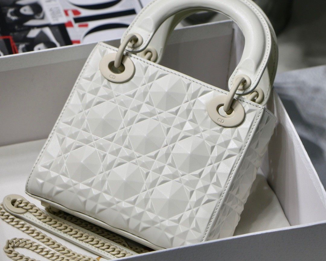 Dior Lady Dior Mini Bag In White Calfskin with Diamond Motif