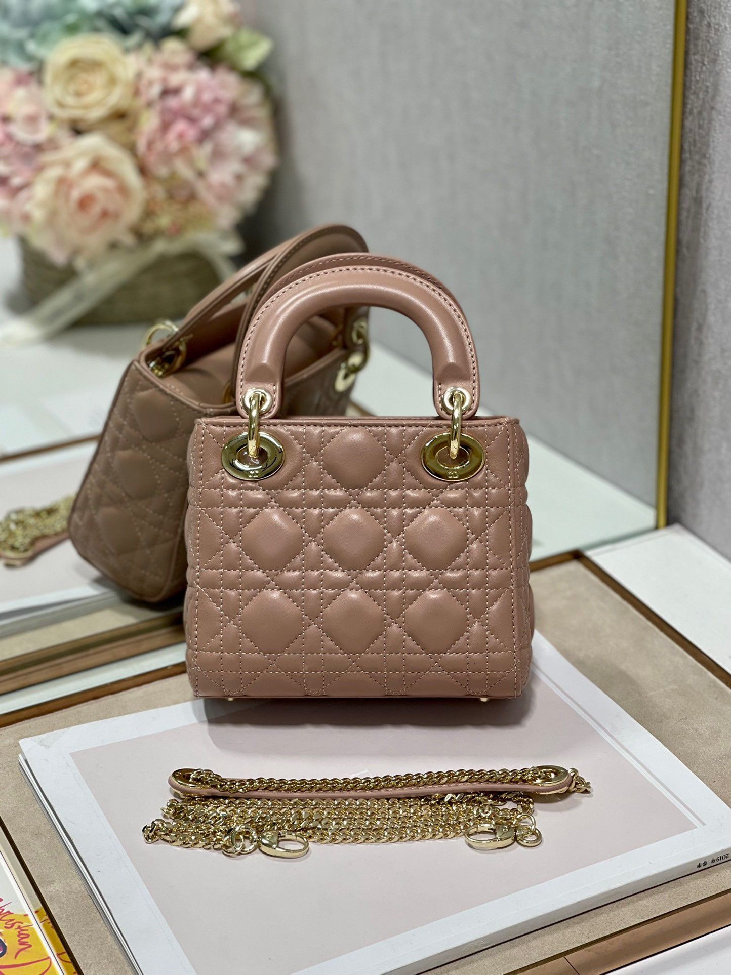 Dior Lady Dior Mini Bag with Chain in Blush Cannage Lambskin