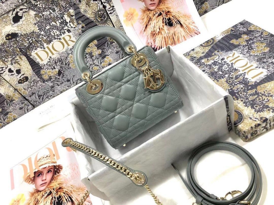 Dior Lady Dior Mini Bag with Chain in Grey Cannage Lambskin