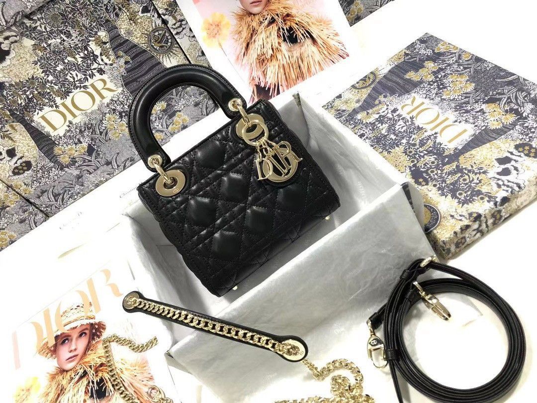 Dior Lady Dior Mini Bag with Chain in Black Cannage Lambskin