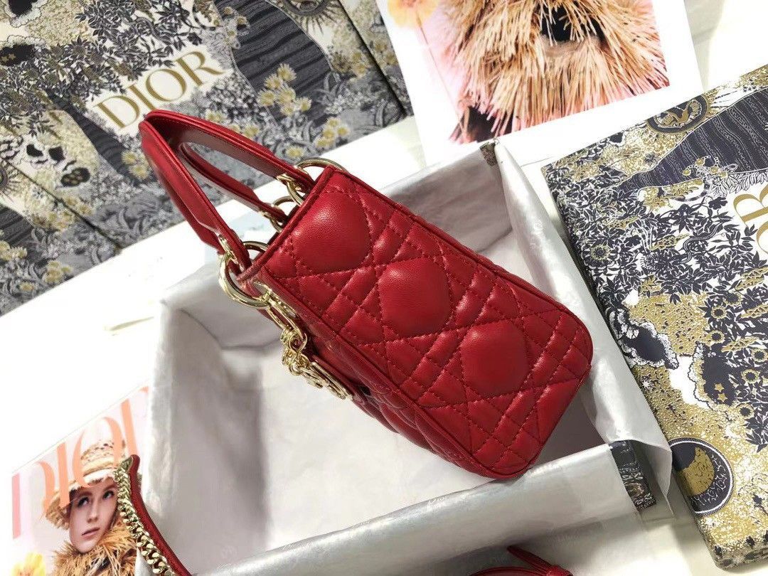 Dior Lady Dior Mini Bag with Chain in Red Cannage Lambskin