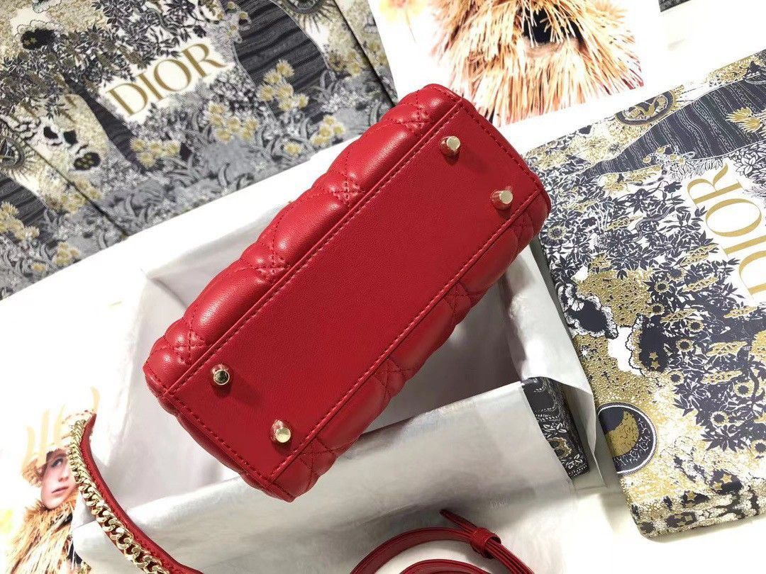 Dior Lady Dior Mini Bag with Chain in Red Cannage Lambskin