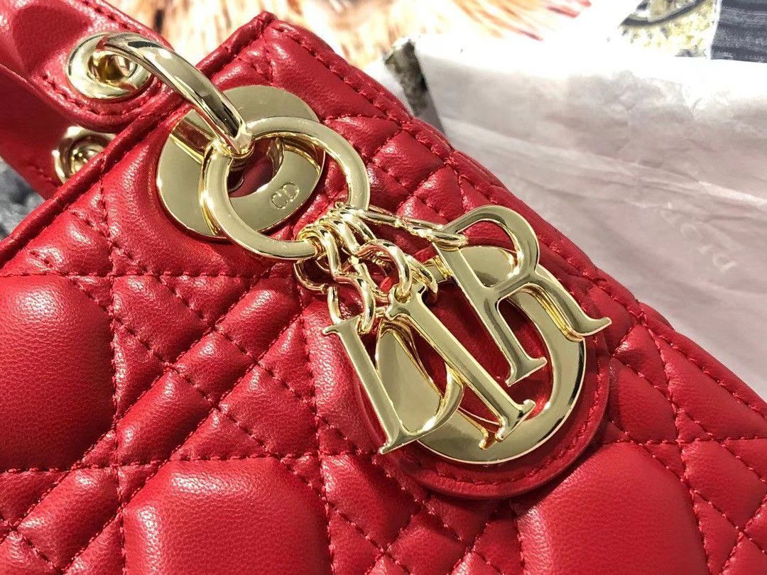 Dior Lady Dior Mini Bag with Chain in Red Cannage Lambskin