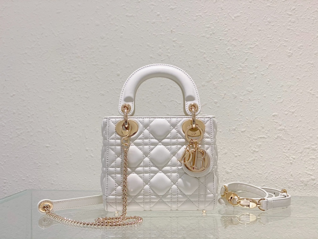 Dior Lady Dior Mini Bag with Chain in White Cannage Lambskin