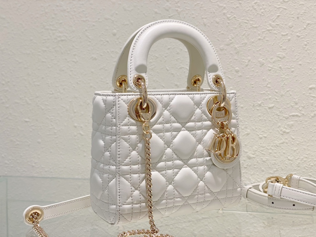 Dior Lady Dior Mini Bag with Chain in White Cannage Lambskin