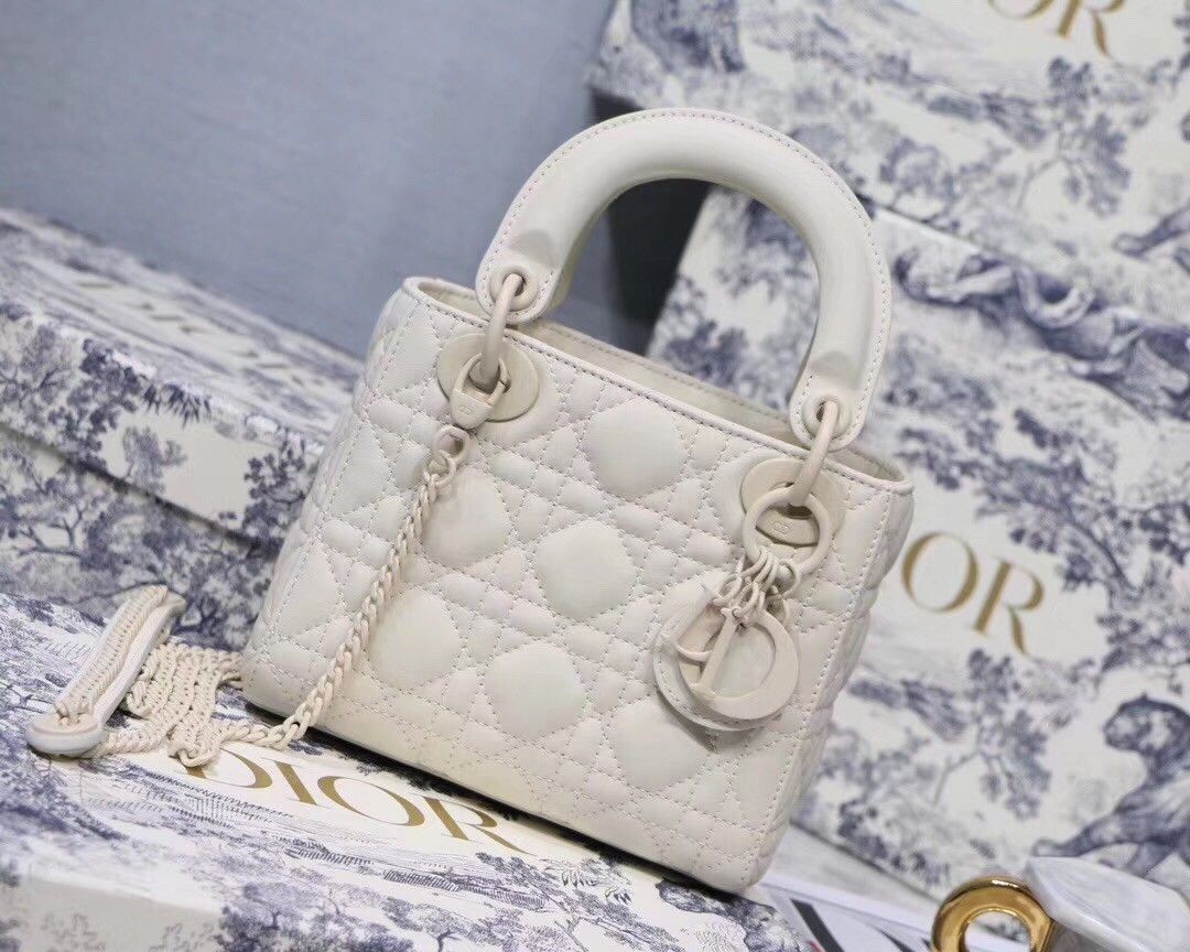 Dior Lady Dior Mini Chain Bag In White Ultramatte Calfskin