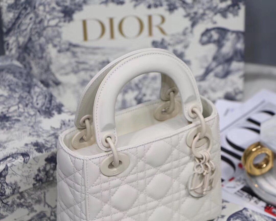 Dior Lady Dior Mini Chain Bag In White Ultramatte Calfskin