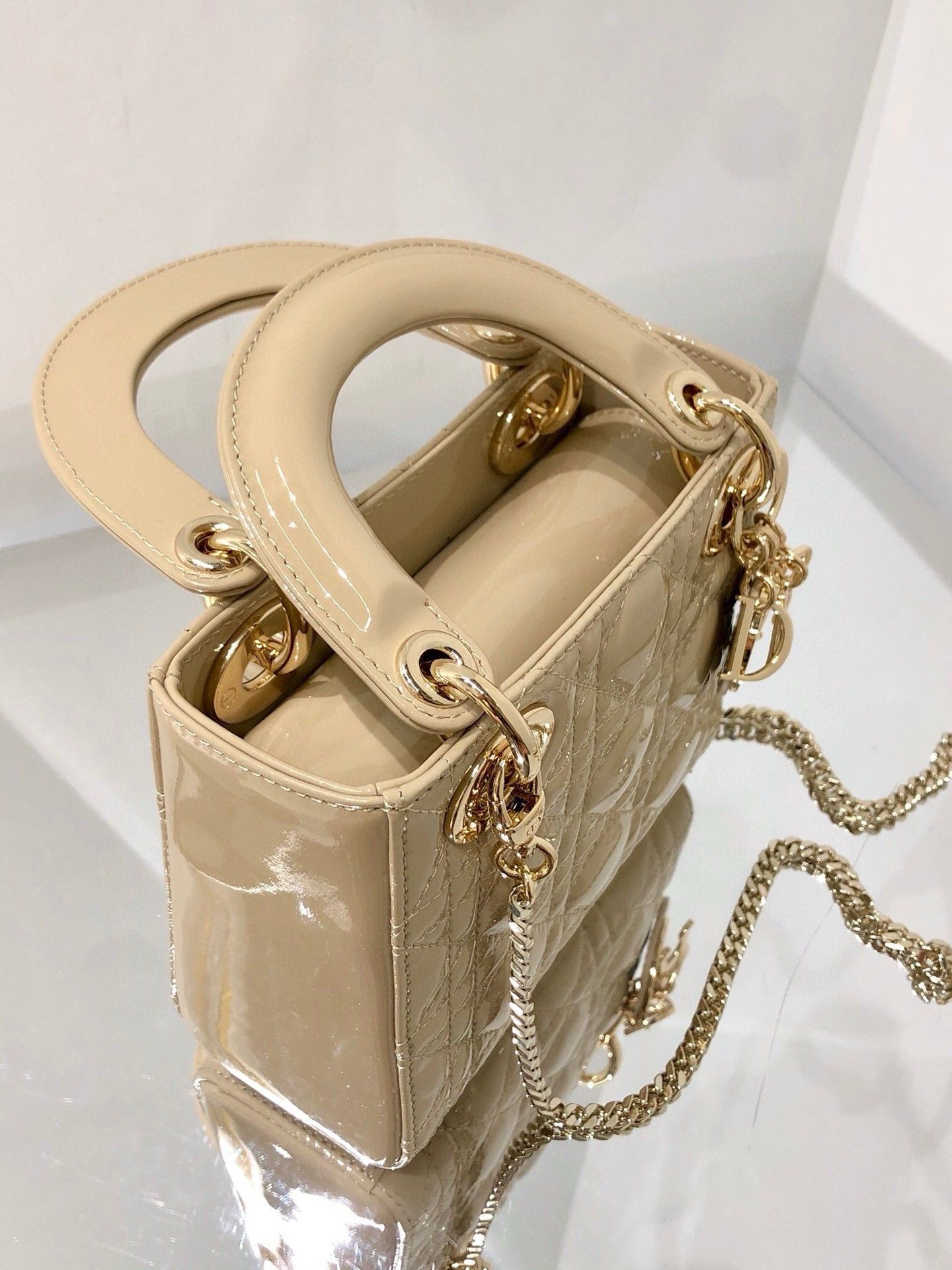 Dior Lady Dior Mini Chain Bag with Chain in Aesthetic Beige Patent Calfskin