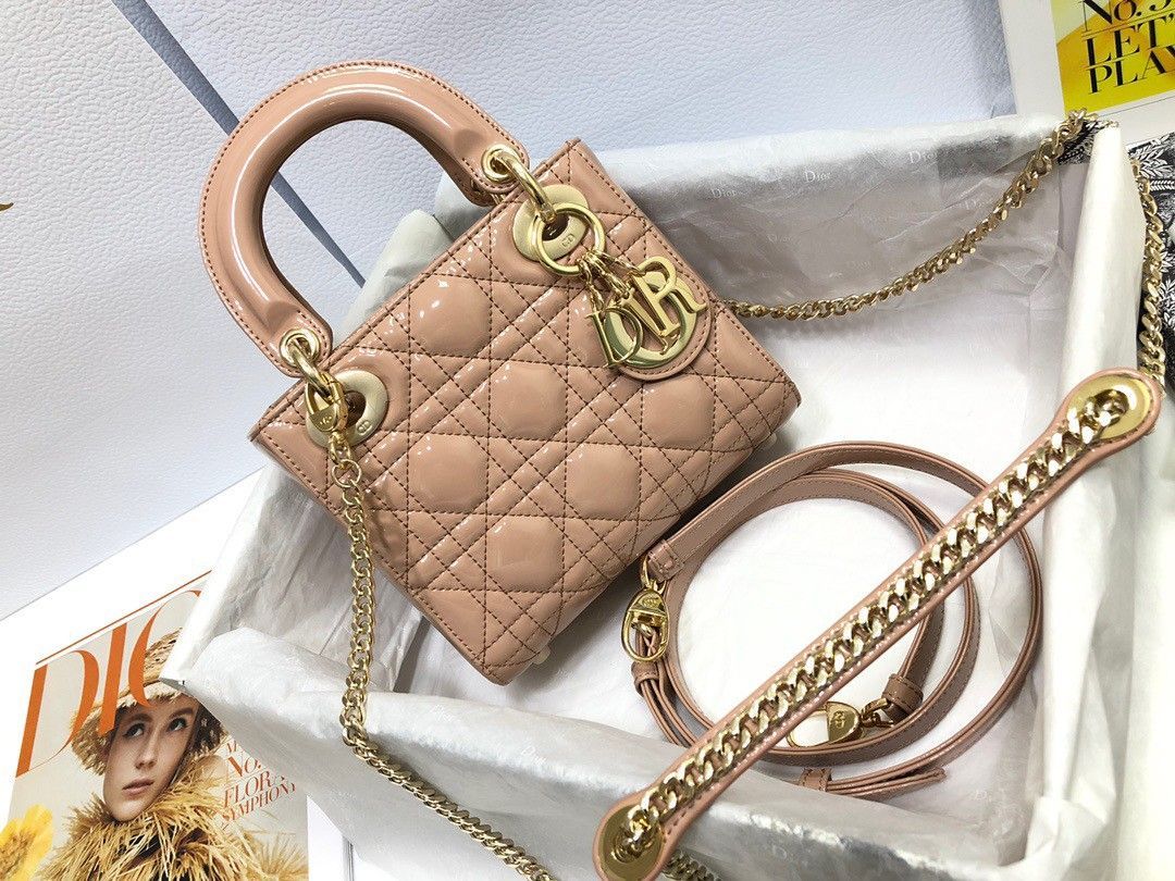 Dior Lady Dior Mini Chain Bag with Chain in Nude Patent Calfskin