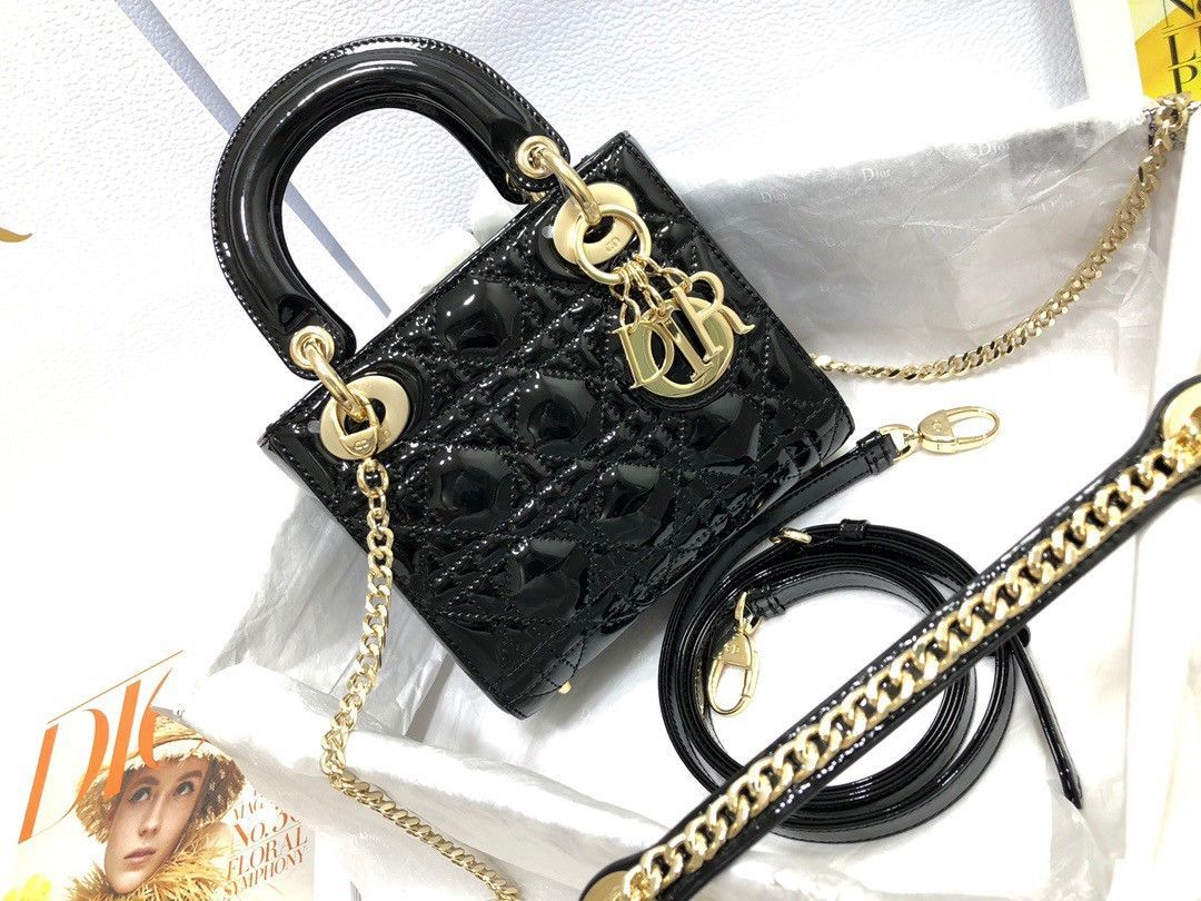 Dior Lady Dior Mini Chain Bag with Chain in Black Patent Calfskin