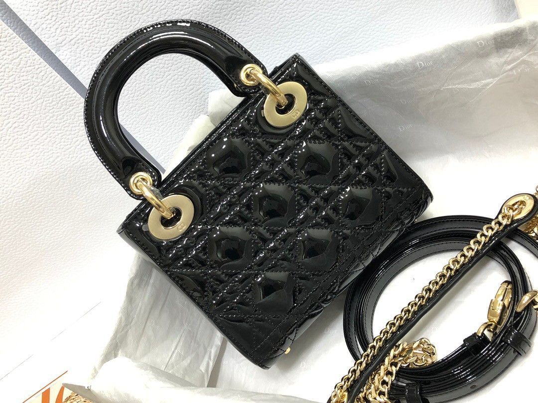 Dior Lady Dior Mini Chain Bag with Chain in Black Patent Calfskin