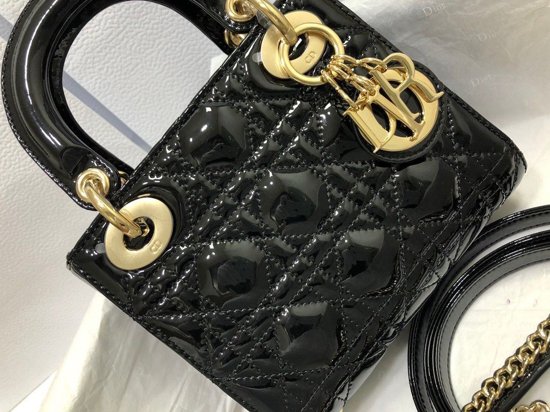 Dior Lady Dior Mini Chain Bag with Chain in Black Patent Calfskin