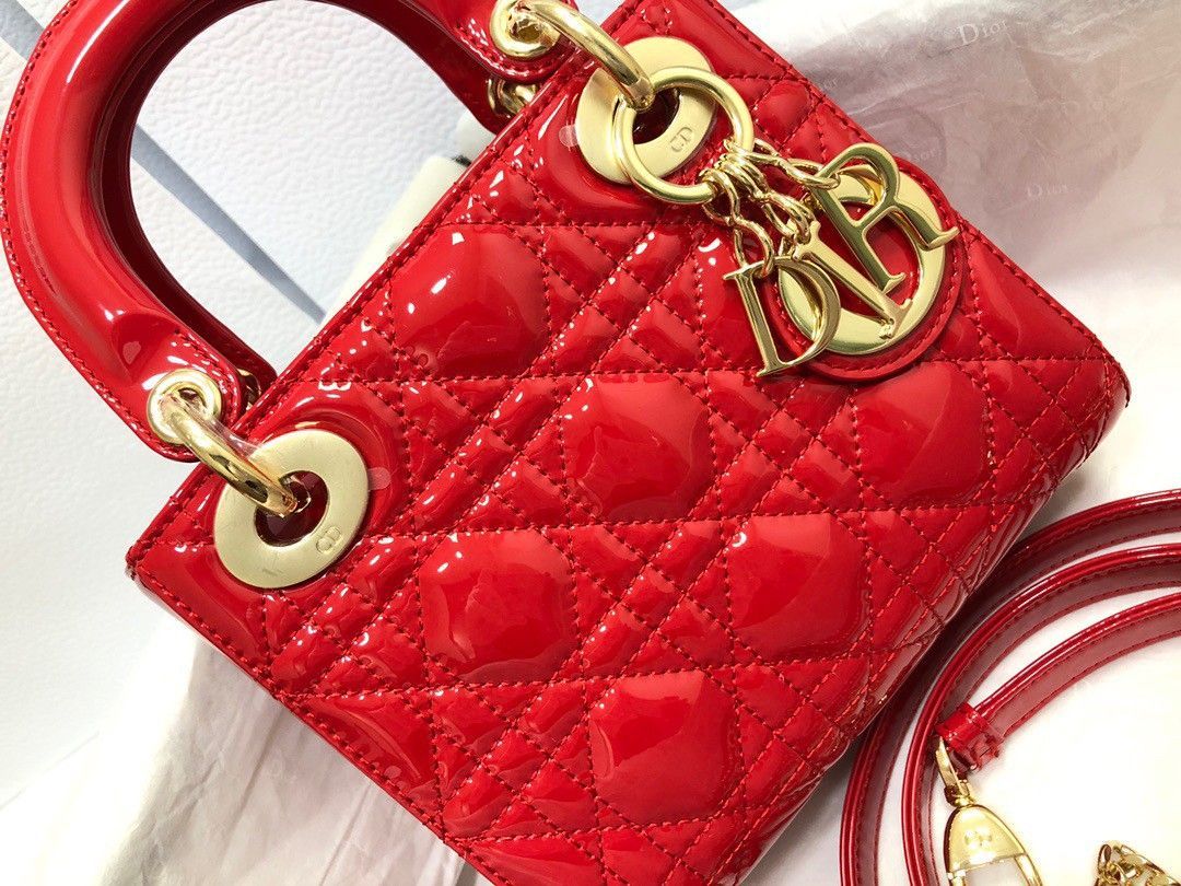 Dior Lady Dior Mini Chain Bag with Chain in Red Patent Calfskin