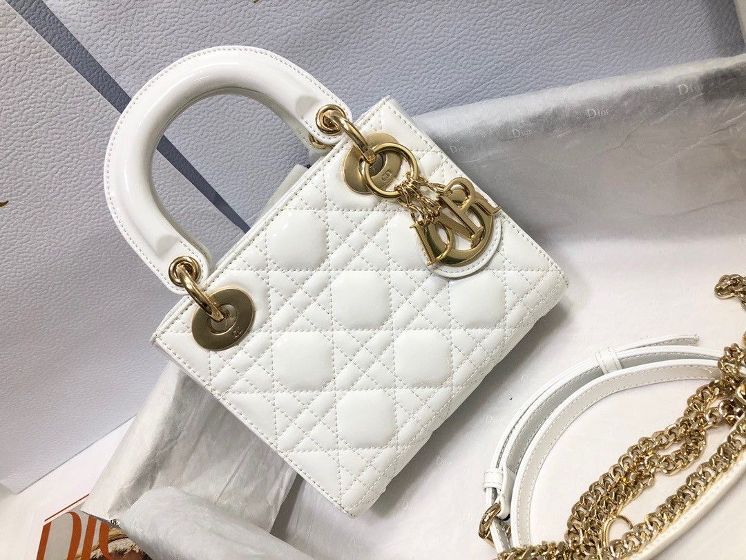 Dior Lady Dior Mini Chain Bag with Chain in White Patent Calfskin