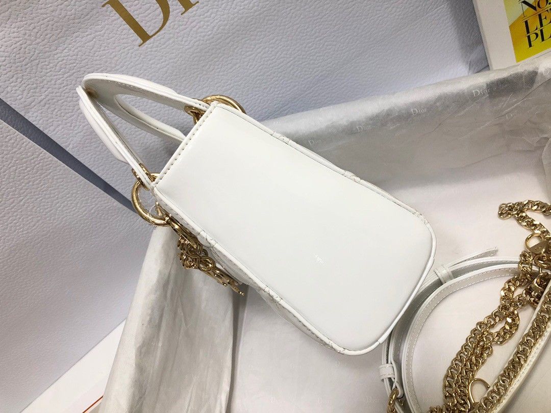 Dior Lady Dior Mini Chain Bag with Chain in White Patent Calfskin