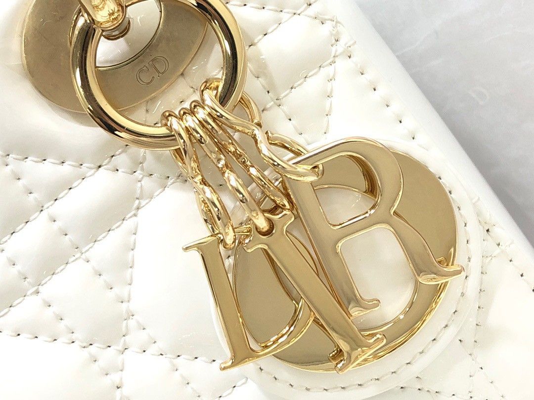 Dior Lady Dior Mini Chain Bag with Chain in White Patent Calfskin