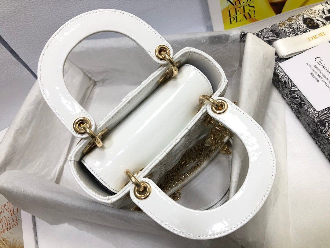 Dior Lady Dior Mini Chain Bag with Chain in White Patent Calfskin