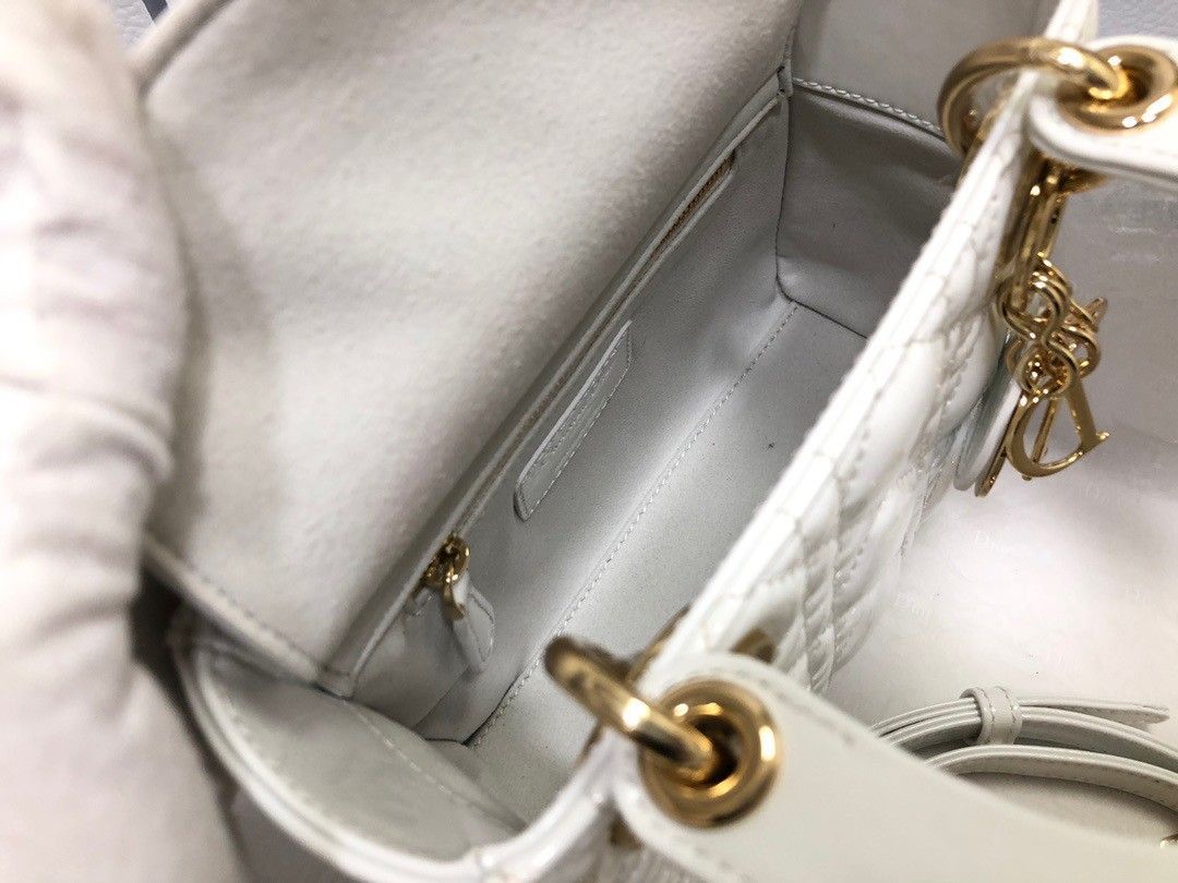 Dior Lady Dior Mini Chain Bag with Chain in White Patent Calfskin