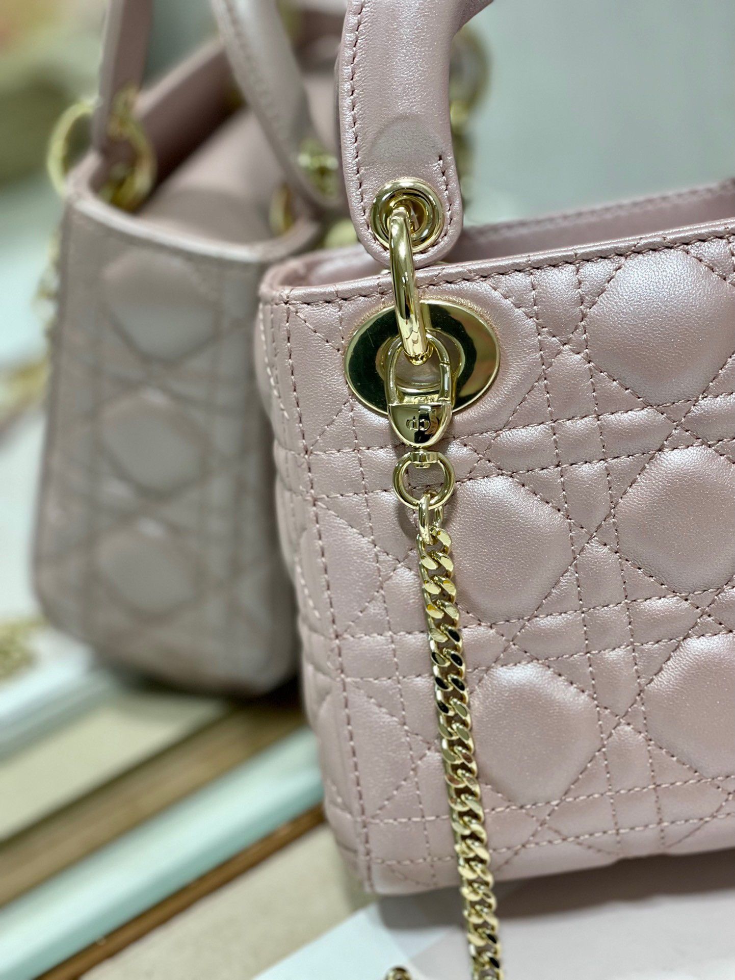 Dior Lady Dior Mini Chain Bag with Chain in Lotus Pearlescent Lambskin