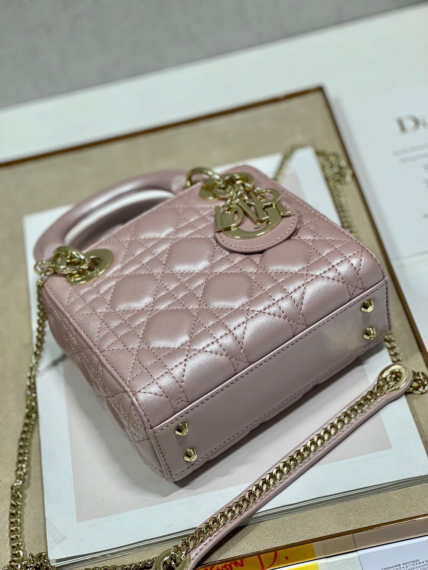 Dior Lady Dior Mini Chain Bag with Chain in Lotus Pearlescent Lambskin