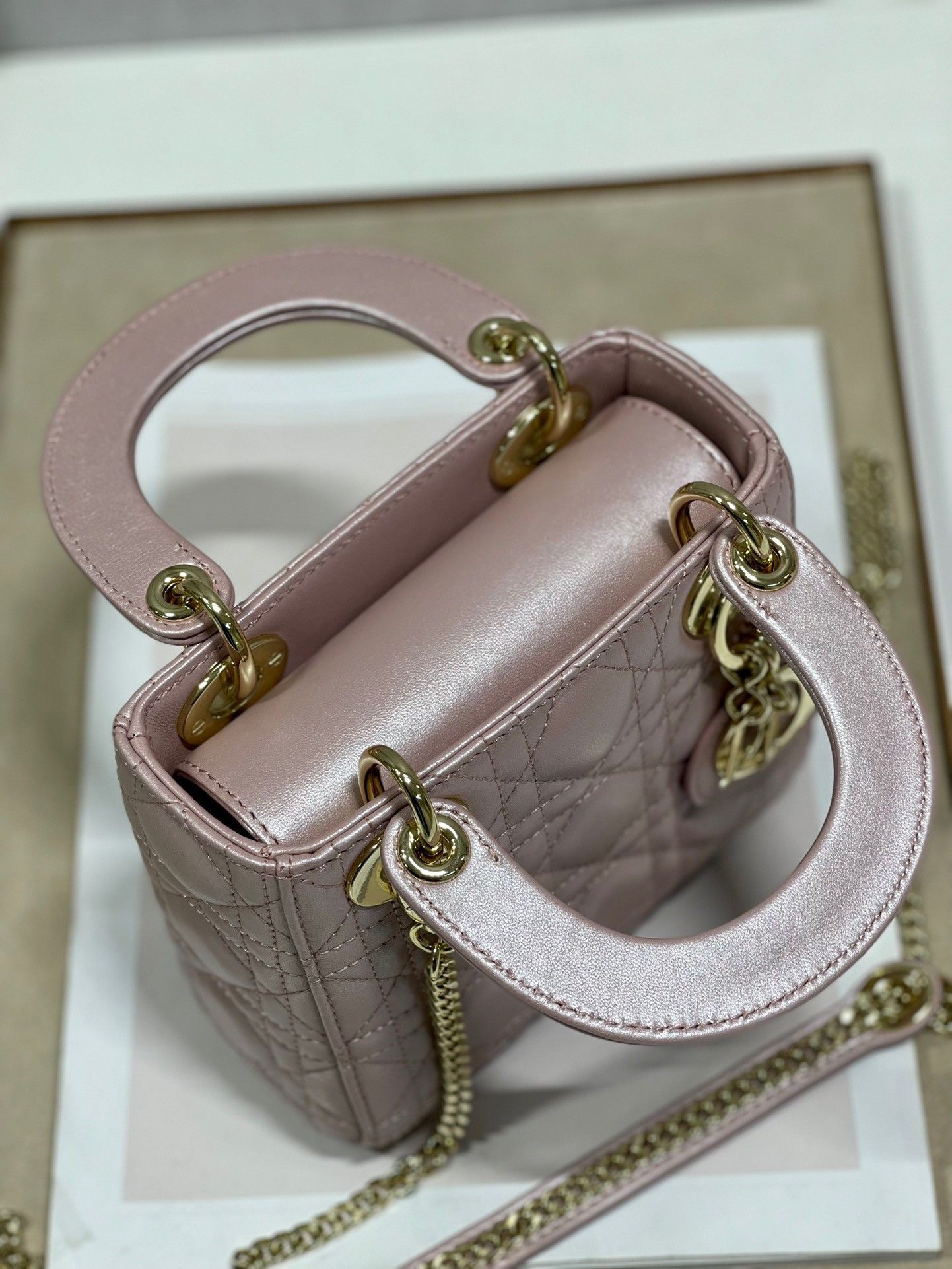 Dior Lady Dior Mini Chain Bag with Chain in Lotus Pearlescent Lambskin