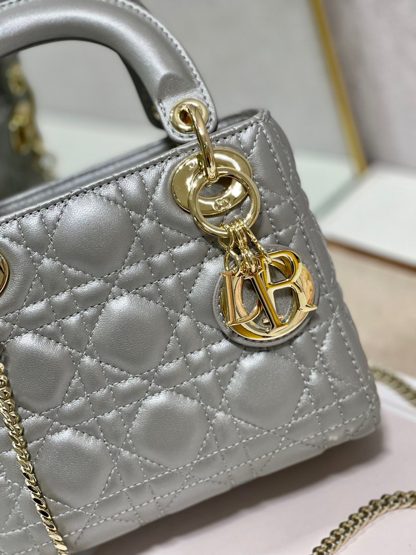 Dior Lady Dior Mini Chain Bag with Chain in Grey Pearlescent Lambskin