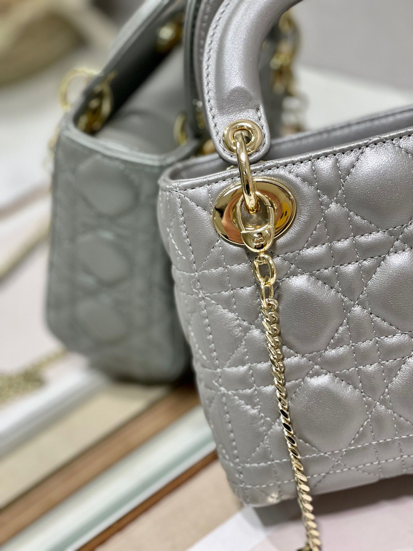 Dior Lady Dior Mini Chain Bag with Chain in Grey Pearlescent Lambskin