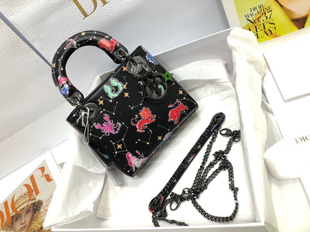 Dior Lady Dior Mini Bag in Black Calfskin with Pixel Zodiac Print