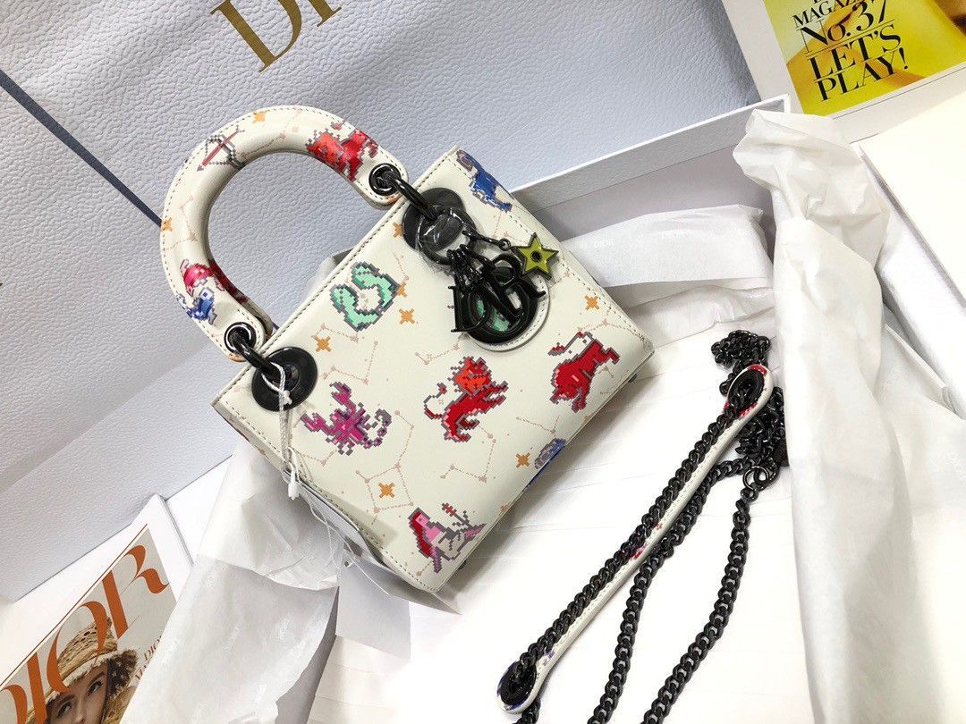 Dior Lady Dior Mini Bag in White Calfskin with Pixel Zodiac Print