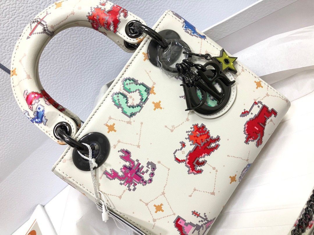 Dior Lady Dior Mini Bag in White Calfskin with Pixel Zodiac Print