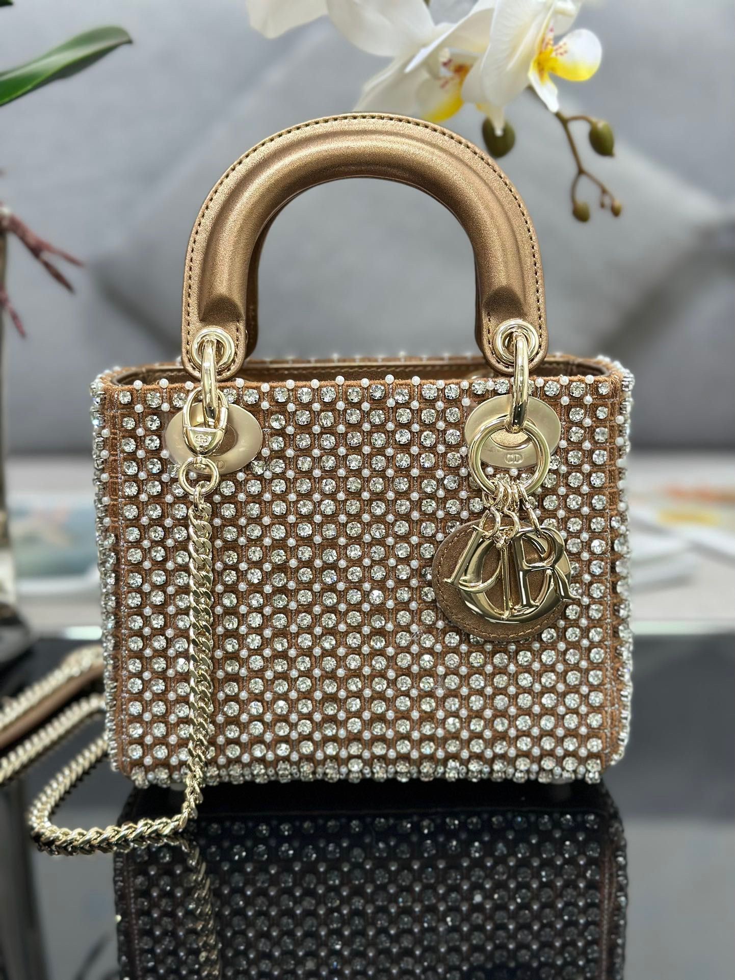 Dior Lady Dior Mini Chain Bag in Square with Strass and Beads