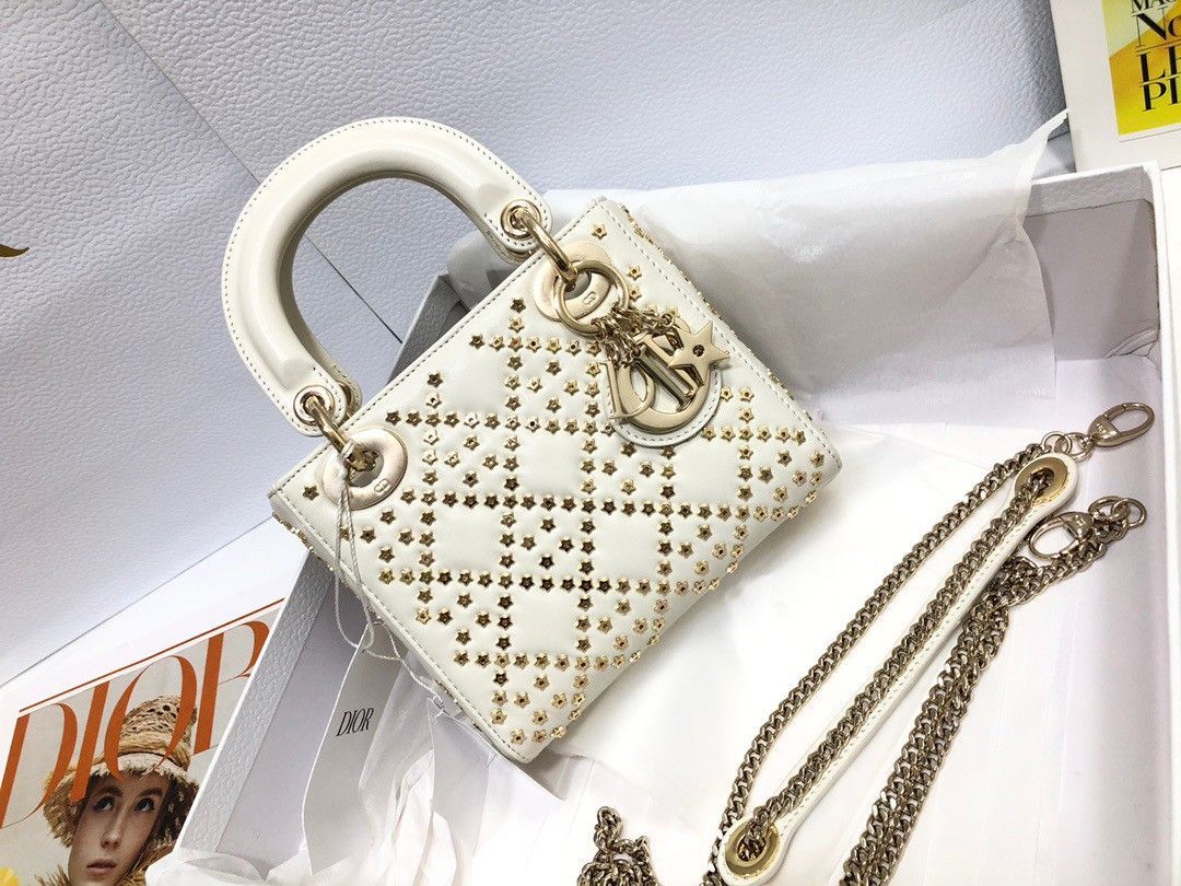 Dior Lady Dior Mini Chain Bag in White Lambskin with Star Embroidery